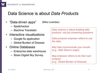 Data Science is about Data Products
• “Data-driven apps”
– Spellchecker
– Machine Translator
• Interactive visualizations
– Google flu application
– Global Burden of Disease
• Online Databases
– Enterprise data warehouse
– Sloan Digital Sky Survey
6/17/2015 Bill Howe, UW 17
(Mike Loukides)
Data science is about building data
products, not just answering questions
Data products empower others to use
the data.
May help communicate your results
(e.g., Nate Silver’s maps)
May empower others to do their own
analysis
(e.g., Global Burden of Disease)
 