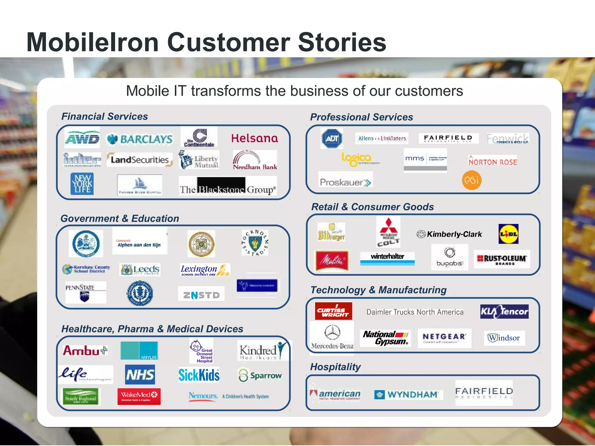 MobileIron Customer Stories
Financial Services
Healthcare, Pharma & Medical Devices
Professional Services
Retail & Consumer Goods
Government & Education
Hospitality
Technology & Manufacturing
Mobile IT transforms the business of our customers
 