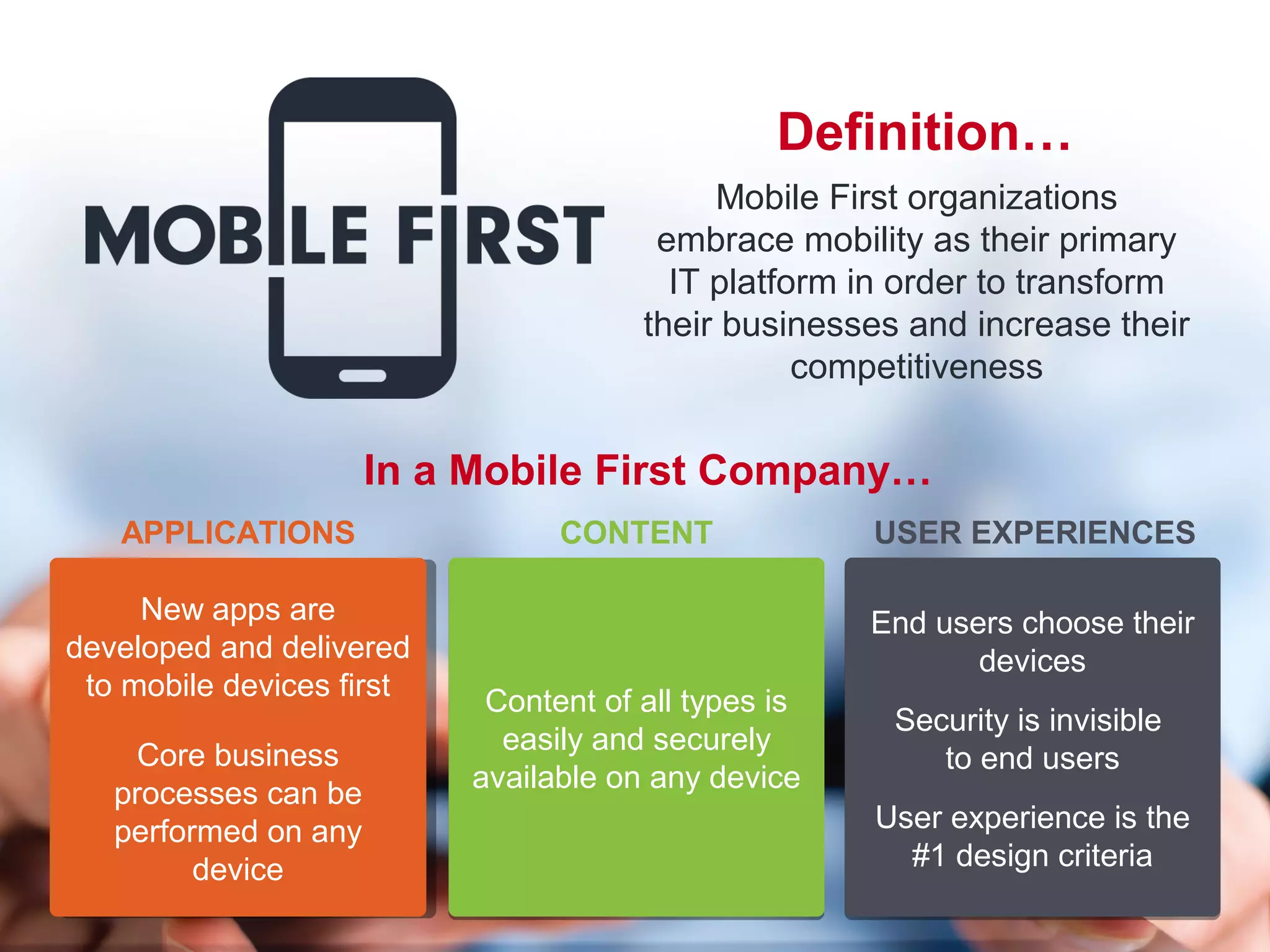 7
Definition…
Mobile First organizations
embrace mobility as their primary
IT platform in order to transform
their businesses and increase their
competitiveness
Content of all types is
easily and securely
available on any device
CONTENT
End users choose their
devices
Security is invisible
to end users
User experience is the
#1 design criteria
USER EXPERIENCES
New apps are
developed and delivered
to mobile devices first
Core business
processes can be
performed on any
device
APPLICATIONS
In a Mobile First Company…
 