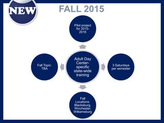 FALL 2015
Adult Day
Center-
specific
state-wide
training
Pilot project
for 2015-
2016
3 Saturdays
per semester
Fall
Locations:
Blacksburg,
Winchester,
Williamsburg
Fall Topic:
TBA
 