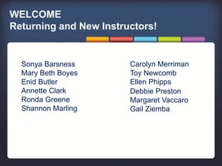 WELCOME
Returning and New Instructors!
Sonya Barsness
Mary Beth Boyes
Enid Butler
Annette Clark
Ronda Greene
Shannon Marling
Carolyn Merriman
Toy Newcomb
Ellen Phipps
Debbie Preston
Margaret Vaccaro
Gail Ziemba
 