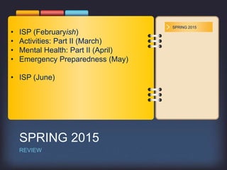 SPRING 2015
• ISP (Februaryish)
• Activities: Part II (March)
• Mental Health: Part II (April)
• Emergency Preparedness (May)
• ISP (June)
SPRING 2015
REVIEW
 