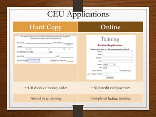 Hard Copy Online
+ $10 check or money order + $10 credit card payment
Turned in at training Completed before training
CEU Applications
 