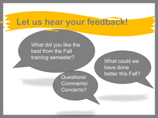 Let us hear your feedback!
What did you like the
best from the Fall
training semester?

Questions/
Comments/
Concerns?

What could we
have done
better this Fall?

 