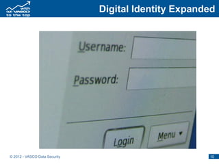 Digital Identity Expanded




                               25
                               accounts




© 2012 - VASCO Data Security                          10
 