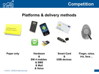 Competition

                     Platforms & delivery methods




  Paper only                    Hardware       Smart Card   Finger, voice,
                                    &              &         iris, face…
                               SW 4 mobiles   USB devices
                                  & SMS
                                  & Mail
                                 & Voice
© 2012 - VASCO Data Security
 