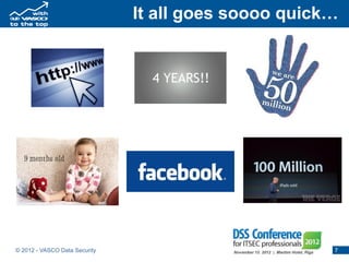 It all goes soooo quick…




© 2012 - VASCO Data Security                          7
 
