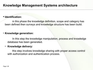 Page  26
Knowledge Management Systems architecture
 Identification:
in this phase the knowledge definition, scope and category has
been defined then surveys and knowledge structure has been build.
• Knowledge generation:
In this step the knowledge manipulation, process and knowledge
database has been generated.
• Knowledge delivery:
this step involves knowledge sharing with proper access control
with authorization and authentication process.
 