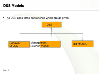 Page  8
DSS Models
 The DSS uses three approaches which are as given
DSS
Behavior
Models
Management
Science model
OR Models
 