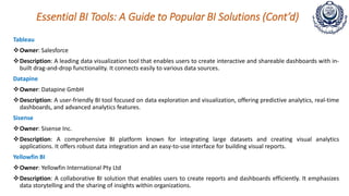 Essential BI Tools: A Guide to Popular BI Solutions (Cont’d)
Tableau
Owner: Salesforce
Description: A leading data visualization tool that enables users to create interactive and shareable dashboards with in-
built drag-and-drop functionality. It connects easily to various data sources.
Datapine
Owner: Datapine GmbH
Description: A user-friendly BI tool focused on data exploration and visualization, offering predictive analytics, real-time
dashboards, and advanced analytics features.
Sisense
Owner: Sisense Inc.
Description: A comprehensive BI platform known for integrating large datasets and creating visual analytics
applications. It offers robust data integration and an easy-to-use interface for building visual reports.
Yellowfin BI
Owner: Yellowfin International Pty Ltd
Description: A collaborative BI solution that enables users to create reports and dashboards efficiently. It emphasizes
data storytelling and the sharing of insights within organizations.
 