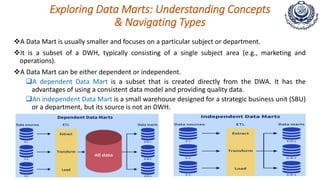 Exploring Data Marts: Understanding Concepts
& Navigating Types
A Data Mart is usually smaller and focuses on a particular subject or department.
It is a subset of a DWH, typically consisting of a single subject area (e.g., marketing and
operations).
A Data Mart can be either dependent or independent.
A dependent Data Mart is a subset that is created directly from the DWA. It has the
advantages of using a consistent data model and providing quality data.
An independent Data Mart is a small warehouse designed for a strategic business unit (SBU)
or a department, but its source is not an DWH.
 
