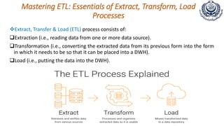 Mastering ETL: Essentials of Extract, Transform, Load
Processes
Extract, Transfer & Load (ETL) process consists of:
Extraction (i.e., reading data from one or more data source).
Transformation (i.e., converting the extracted data from its previous form into the form
in which it needs to be so that it can be placed into a DWH).
Load (i.e., putting the data into the DWH).
 