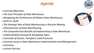 Agenda
oLearning Objectives.
oThe Core Principles of Data Warehouse.
oNavigating the Architecture of Modern Data Warehouses.
oOLTP Vs. OLAP.
oThe Strategic Role of Data Warehousing in Decision Making.
oCharacteristics of Data Warehousing.
oThe Comprehensive Benefits of Implementing a Data Warehouse.
oUnderstanding Concepts & Navigating Types.
oEssentials of Extract, Transform, Load Processes.
oCommon Issues in Data Warehouse Implementation and Management.
oSummary.
oLecture Exercise.
 