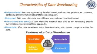 Characteristics of Data Warehousing
Subject oriented: Data are organized by detailed subject, such as sales, products, or customers,
containing only information relevant for decision support.
Integrated: DWH must place data from different sources into a consistent format.
Time variant (time series): A DWH maintains historical data. Data do not necessarily provide
current status (except in real-time approach).
Nonvolatile: After data are entered into a data warehouse, users cannot change or update the
data.
 