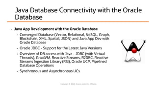 Java Database Connectivity with the Oracle
Database
• Java App Development with the Oracle Database
• Converged Database (Vector, Relational, NoSQL, Graph,
Blockchain, XML, Spatial, JSON) and Java App Dev with
Oracle Database
• Oracle JDBC - Support for the Latest Java Versions
• Overview of DB access with Java - JDBC (with Virtual
Threads), GraalVM, Reactive Streams, R2DBC, Reactive
Streams Ingestion Library (RSI), Oracle UCP, Pipelined
Database Operations
• Synchronous and Asynchronous UCs
Copyright © 2024, Oracle and/or its affiliates
 