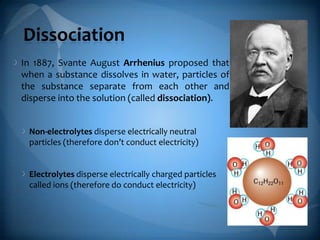 Dissociation
In 1887, Svante August Arrhenius proposed that
when a substance dissolves in water, particles of
the substance separate from each other and
disperse into the solution (called dissociation).
Non-electrolytes disperse electrically neutral
particles (therefore don’t conduct electricity)

Electrolytes disperse electrically charged particles
called ions (therefore do conduct electricity)

 