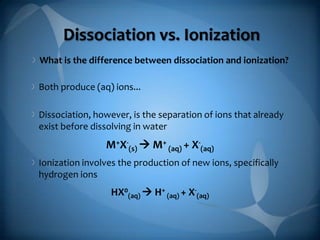 Dissociation vs. Ionization
What is the difference between dissociation and ionization?
Both produce (aq) ions...
Dissociation, however, is the separation of ions that already
exist before dissolving in water

M+X-(s)  M+ (aq) + X-(aq)
Ionization involves the production of new ions, specifically
hydrogen ions

HX0(aq)  H+ (aq) + X-(aq)

 
