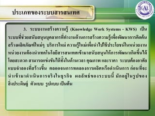 3. ระบบงานสร้างความรู้ (Knowledge Work Systems - KWS) เป็น
ระบบที่ช่วยสนับสนุนบุคลากรที่ทางานด้านการสร้างความรู้เพื่อพัฒนาการคิดค้น
สร้างผลิตภัณฑ์ใหม่ๆ บริการใหม่ ความรู้ใหม่เพื่อนาไปใช้ประโยชน์ในหน่วยงาน
หน่วยงานต้องนาเทคโนโลยีสารสȨทศเข้ามาสนับสนุนให้การพัฒนาเกิดขึ้นได้
โดยสะดวก สามารถแข่งขันได้ทั้งในด้านเวลา คุณภาพ และราคา ระบบต้องอาศัย
แบบจาลองที่สร้างขึ้น ตลอดจนการทดลองการผลิตหรือดาเนินการ ก่อนที่จะ
นาเข้ามาดาเนินการจริงในธุรกิจ ผลลัพธ์ของระบบนี้ มักอยู่ในรูปของ
สิ่งประดิษฐ์ ตัวแบบ รูปแบบ เป็นต้น
ประเภทของระบบสารสȨทศ
 