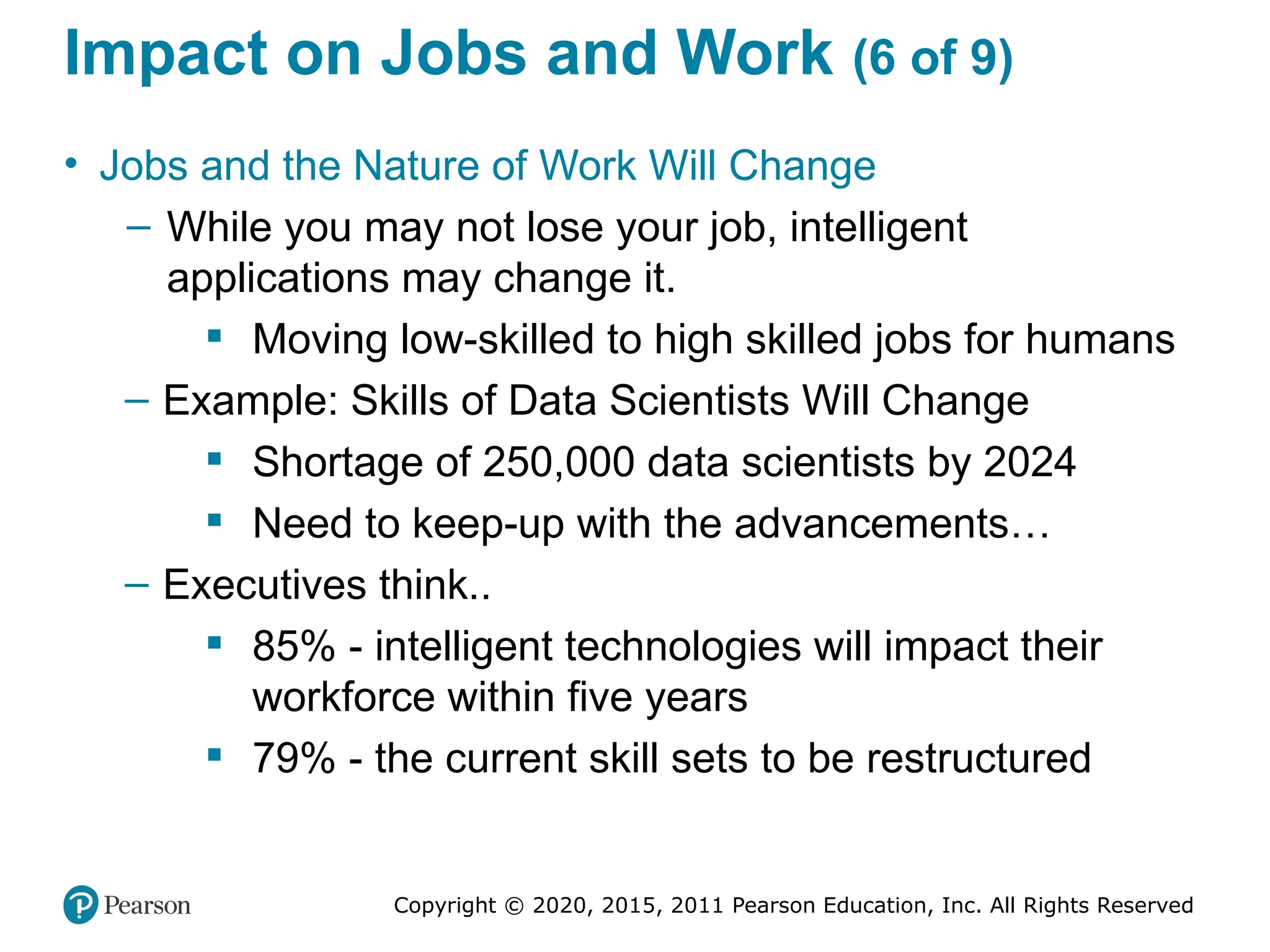 Copyright © 2020, 2015, 2011 Pearson Education, Inc. All Rights Reserved
Impact on Jobs and Work (6 of 9)
• Jobs and the Nature of Work Will Change
– While you may not lose your job, intelligent
applications may change it.
 Moving low-skilled to high skilled jobs for humans
– Example: Skills of Data Scientists Will Change
 Shortage of 250,000 data scientists by 2024
 Need to keep-up with the advancements…
– Executives think..
 85% - intelligent technologies will impact their
workforce within five years
 79% - the current skill sets to be restructured
 
