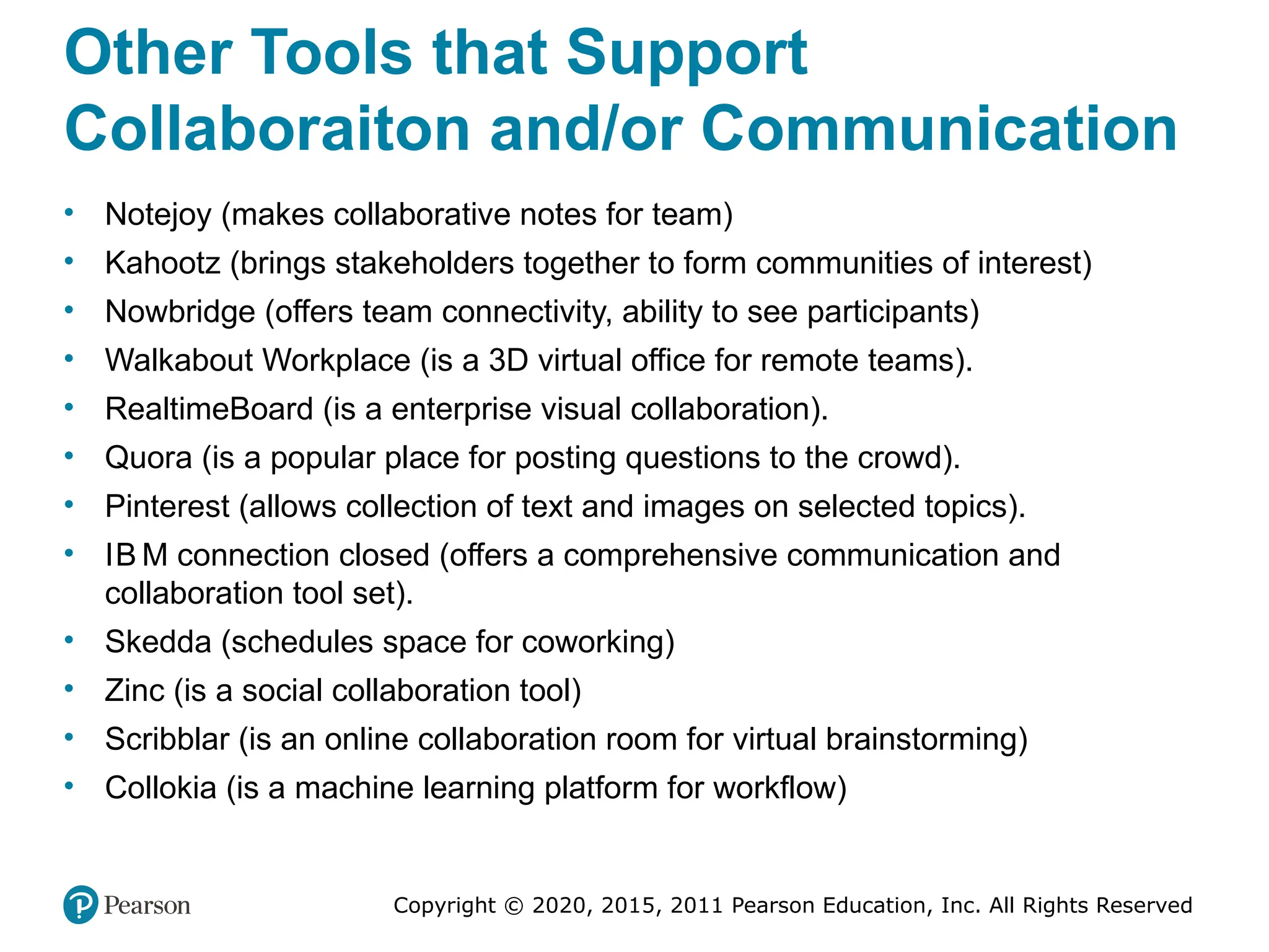 Copyright © 2020, 2015, 2011 Pearson Education, Inc. All Rights Reserved
Other Tools that Support
Collaboraiton and/or Communication
• Notejoy (makes collaborative notes for team)
• Kahootz (brings stakeholders together to form communities of interest)
• Nowbridge (offers team connectivity, ability to see participants)
• Walkabout Workplace (is a 3D virtual office for remote teams).
• RealtimeBoard (is a enterprise visual collaboration).
• Quora (is a popular place for posting questions to the crowd).
• Pinterest (allows collection of text and images on selected topics).
• IB M connection closed (offers a comprehensive communication and
collaboration tool set).
• Skedda (schedules space for coworking)
• Zinc (is a social collaboration tool)
• Scribblar (is an online collaboration room for virtual brainstorming)
• Collokia (is a machine learning platform for workflow)
 