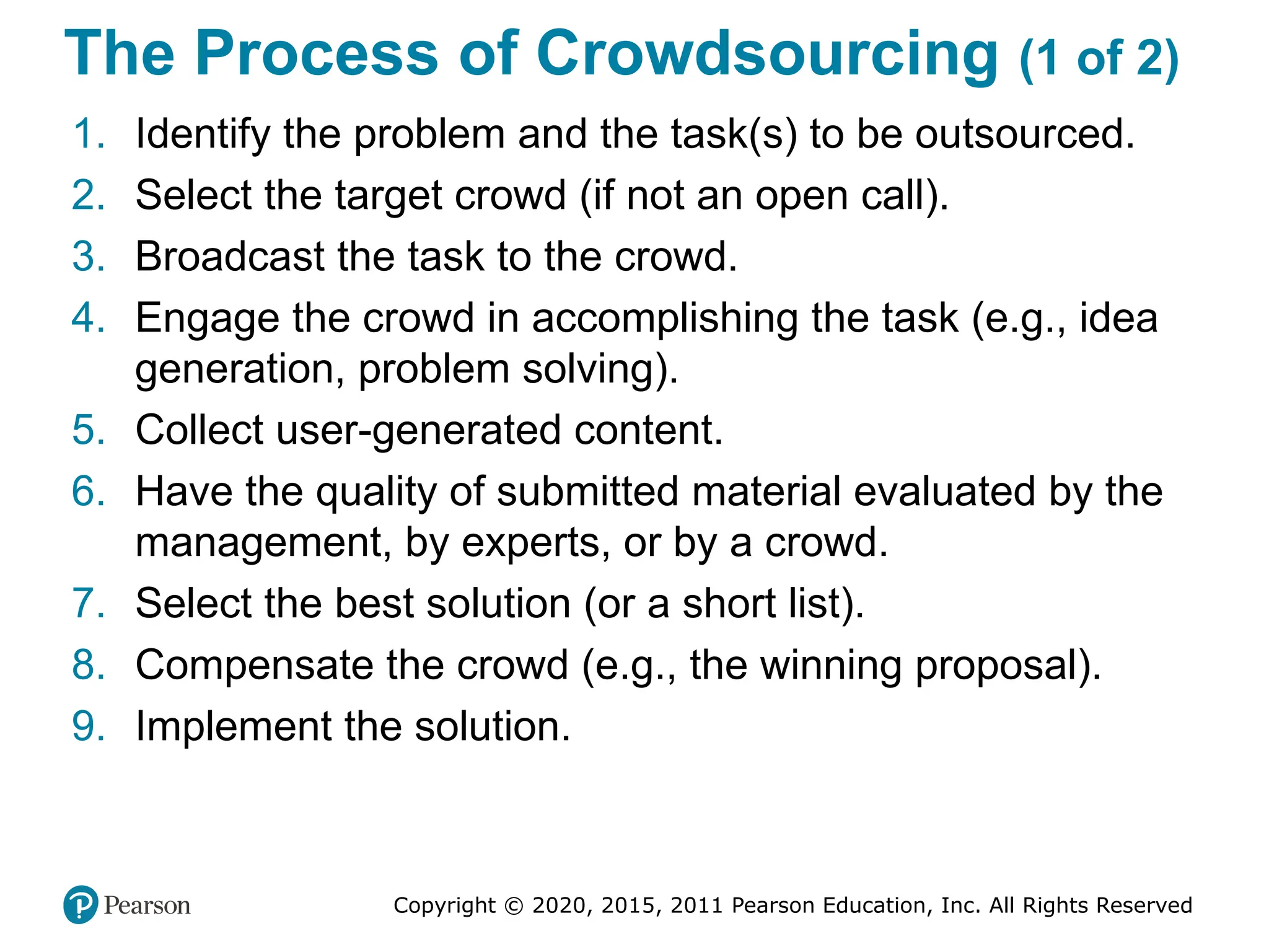 Copyright © 2020, 2015, 2011 Pearson Education, Inc. All Rights Reserved
The Process of Crowdsourcing (1 of 2)
1. Identify the problem and the task(s) to be outsourced.
2. Select the target crowd (if not an open call).
3. Broadcast the task to the crowd.
4. Engage the crowd in accomplishing the task (e.g., idea
generation, problem solving).
5. Collect user-generated content.
6. Have the quality of submitted material evaluated by the
management, by experts, or by a crowd.
7. Select the best solution (or a short list).
8. Compensate the crowd (e.g., the winning proposal).
9. Implement the solution.
 