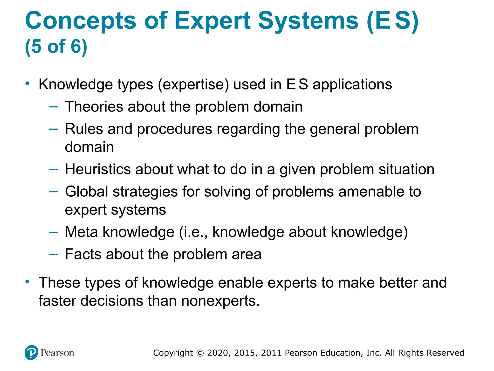 Copyright © 2020, 2015, 2011 Pearson Education, Inc. All Rights Reserved
Concepts of Expert Systems (ES)
(5 of 6)
• Knowledge types (expertise) used in ES applications
– Theories about the problem domain
– Rules and procedures regarding the general problem
domain
– Heuristics about what to do in a given problem situation
– Global strategies for solving of problems amenable to
expert systems
– Meta knowledge (i.e., knowledge about knowledge)
– Facts about the problem area
• These types of knowledge enable experts to make better and
faster decisions than nonexperts.
 