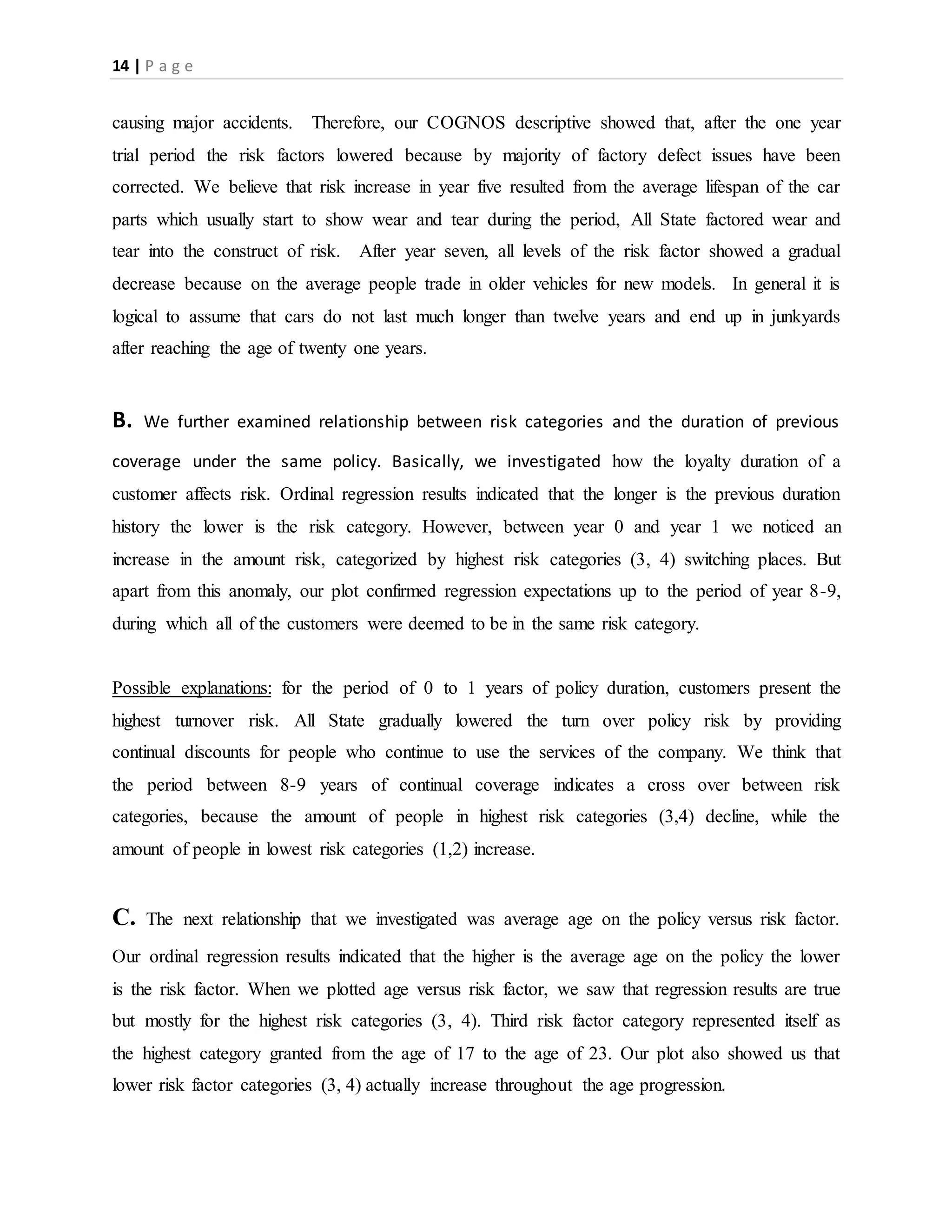 14 | P a g e
causing major accidents. Therefore, our COGNOS descriptive showed that, after the one year
trial period the risk factors lowered because by majority of factory defect issues have been
corrected. We believe that risk increase in year five resulted from the average lifespan of the car
parts which usually start to show wear and tear during the period, All State factored wear and
tear into the construct of risk. After year seven, all levels of the risk factor showed a gradual
decrease because on the average people trade in older vehicles for new models. In general it is
logical to assume that cars do not last much longer than twelve years and end up in junkyards
after reaching the age of twenty one years.
B. We further examined relationship between risk categories and the duration of previous
coverage under the same policy. Basically, we investigated how the loyalty duration of a
customer affects risk. Ordinal regression results indicated that the longer is the previous duration
history the lower is the risk category. However, between year 0 and year 1 we noticed an
increase in the amount risk, categorized by highest risk categories (3, 4) switching places. But
apart from this anomaly, our plot confirmed regression expectations up to the period of year 8-9,
during which all of the customers were deemed to be in the same risk category.
Possible explanations: for the period of 0 to 1 years of policy duration, customers present the
highest turnover risk. All State gradually lowered the turn over policy risk by providing
continual discounts for people who continue to use the services of the company. We think that
the period between 8-9 years of continual coverage indicates a cross over between risk
categories, because the amount of people in highest risk categories (3,4) decline, while the
amount of people in lowest risk categories (1,2) increase.
C. The next relationship that we investigated was average age on the policy versus risk factor.
Our ordinal regression results indicated that the higher is the average age on the policy the lower
is the risk factor. When we plotted age versus risk factor, we saw that regression results are true
but mostly for the highest risk categories (3, 4). Third risk factor category represented itself as
the highest category granted from the age of 17 to the age of 23. Our plot also showed us that
lower risk factor categories (3, 4) actually increase throughout the age progression.
 