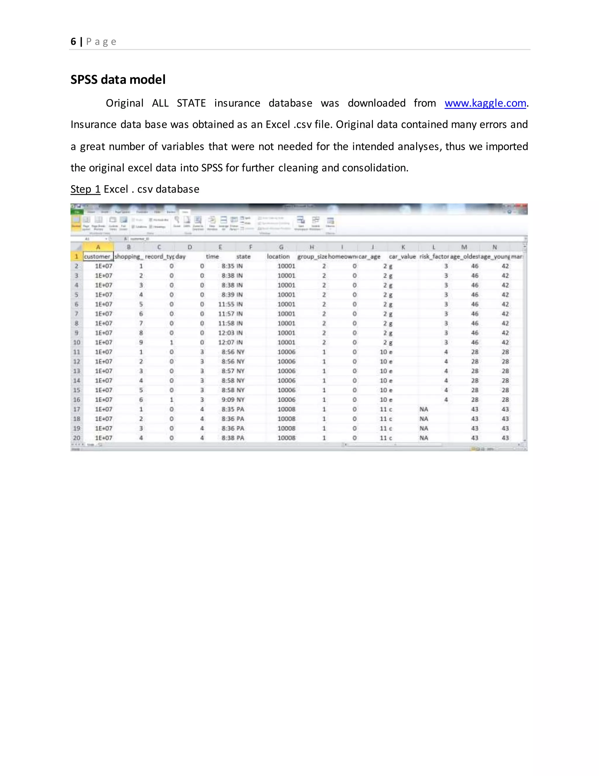 6 | P a g e
SPSS data model
Original ALL STATE insurance database was downloaded from www.kaggle.com.
Insurance data base was obtained as an Excel .csv file. Original data contained many errors and
a great number of variables that were not needed for the intended analyses, thus we imported
the original excel data into SPSS for further cleaning and consolidation.
Step 1 Excel . csv database
 