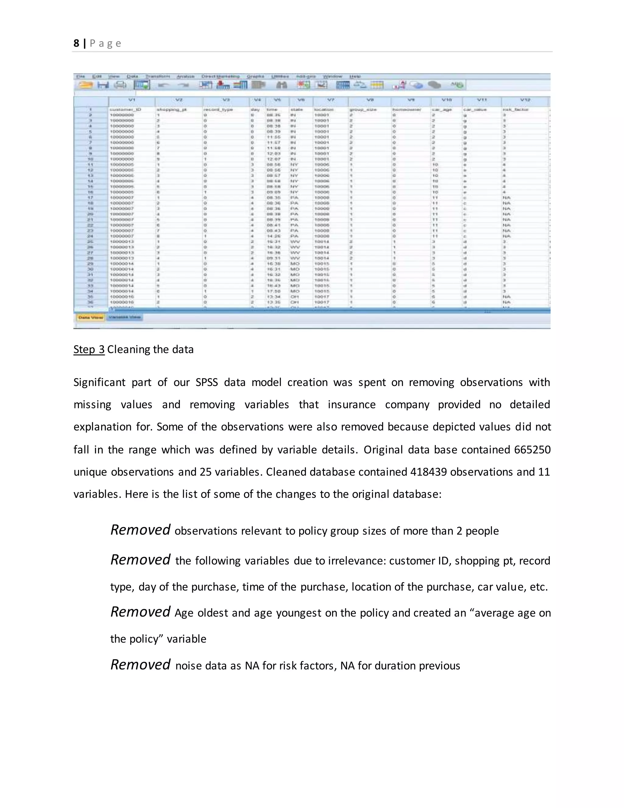 8 | P a g e
Step 3 Cleaning the data
Significant part of our SPSS data model creation was spent on removing observations with
missing values and removing variables that insurance company provided no detailed
explanation for. Some of the observations were also removed because depicted values did not
fall in the range which was defined by variable details. Original data base contained 665250
unique observations and 25 variables. Cleaned database contained 418439 observations and 11
variables. Here is the list of some of the changes to the original database:
Removed observations relevant to policy group sizes of more than 2 people
Removed the following variables due to irrelevance: customer ID, shopping pt, record
type, day of the purchase, time of the purchase, location of the purchase, car value, etc.
Removed Age oldest and age youngest on the policy and created an “average age on
the policy” variable
Removed noise data as NA for risk factors, NA for duration previous
 