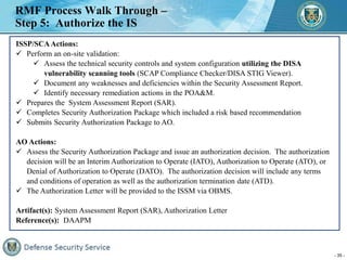 - 35 -
RMF Process Walk Through –
Step 5: Authorize the IS
ISSP/SCAActions:
 Perform an on-site validation:
 Assess the ...