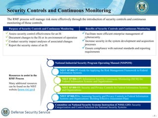 - 7 -
Security Controls and Continuous Monitoring
The RMF process will manage risk more effectively through the introducti...