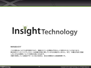 34
無断転載を禁ず
この文書はあくまでも参考資料であり、掲載されている情報は予告なしに変更されることがあります。
株式会社インサイトテクノロジーは本書の内容に関していかなる保証もしません。また、本書の内容に関連
したいかなる損害についても責任を負いかねます。
本書で使用している製品やサービス名の名称は、各社の商標または登録商標です。
Copyright © 2013 Insight Technology, Inc. All Rights Reserved.
 