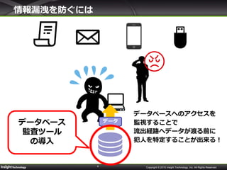 4 Copyright © 2015 Insight Technology, Inc. All Rights Reserved.
情報漏洩を防ぐには
データベースへのアクセスを
監視することで
流出経路へデータが渡る前に
犯人を特定することが出来る！
データデータベース
監査ツール
の導入
 