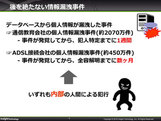 6 Copyright © 2015 Insight Technology, Inc. All Rights Reserved.
後を絶たない情報漏洩事件
データベースから個人情報が漏洩した事件
☞通信教育会社の個人情報漏洩事件(約2070万件)
- 事件が発覚してから、犯人特定までに1週間
☞ADSL接続会社の個人情報漏洩事件(約450万件)
- 事件が発覚してから、全容解明までに数ヶ月
いずれも内部の人間による犯行
 