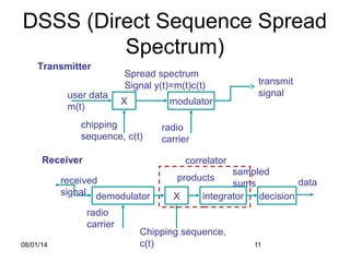 08/01/14 11
user data
m(t)
chipping
sequence, c(t)
X
DSSS (Direct Sequence Spread
Spectrum)
modulator
radio
carrier
Spread spectrum
Signal y(t)=m(t)c(t) transmit
signal
Transmitter
demodulator
received
signal
radio
carrier
X
Chipping sequence,
c(t)
Receiver
integrator
products
decision
data
sampled
sums
correlator
 