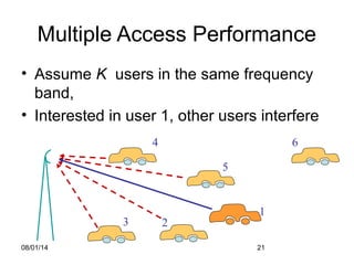 08/01/14 21
Multiple Access Performance
• Assume K users in the same frequency
band,
• Interested in user 1, other users interfere
4
1
3
5
2
6
 