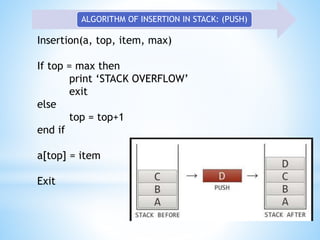 Insertion(a, top, item, max)
If top = max then
print ‘STACK OVERFLOW’
exit
else
top = top+1
end if
a[top] = item
Exit
ALGORITHM OF INSERTION IN STACK: (PUSH)
 