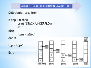Deletion(a, top, item)
If top = 0 then
print ‘STACK UNDERFLOW’
exit
else
item = a[top]
end if
top = top-1
Exit
ALGORITHM OF DELETION IN STACK: (POP)
 