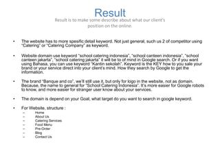 ResultResult is to make some describe about what our client’s
position on the online.
• The website has to more spesific detail keyword. Not just general, such us 2 of competitor using
“Catering” or “Catering Company” as keyword.
• Website domain use keyword “school catering indonesia”, “school canteen indonesia”, “school
canteen jakarta”, “school catering jakarta” it will be to of mind in Google search. Or if you want
using Bahasa, you can use keyword “Kantin sekolah”. Keyword is the KEY how to you sale your
brand or your service direct into your client’s mind. How they search by Google to get the
information.
• The brand “Banque and co”, we’ll still use it, but only for logo in the website, not as domain.
Because, the name to general for “School Catering Indonesia”. It’s more easier for Google robots
to know, and more easier for stranger user know about your services.
• The domain is depend on your Goal, what target do you want to search in google keyword.
• For Website, structure :
– Home
– About Us
– Catering Services
– Food Menu
– Pre-Order
– Blog
– Contact Us
 