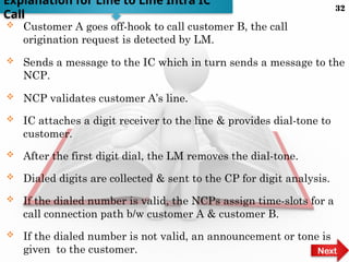  Customer A goes off-hook to call customer B, the call
origination request is detected by LM.
 Sends a message to the IC which in turn sends a message to the
NCP.
 NCP validates customer A’s line.
 IC attaches a digit receiver to the line & provides dial-tone to
customer.
 After the first digit dial, the LM removes the dial-tone.
 Dialed digits are collected & sent to the CP for digit analysis.
 If the dialed number is valid, the NCPs assign time-slots for a
call connection path b/w customer A & customer B.
 If the dialed number is not valid, an announcement or tone is
given to the customer.
Explanation for Line to Line Intra IC
Call
Next
32
 