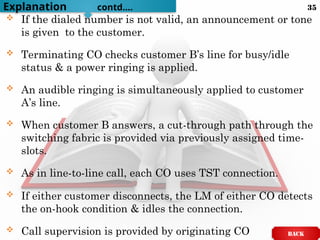  If the dialed number is not valid, an announcement or tone
is given to the customer.
 Terminating CO checks customer B’s line for busy/idle
status & a power ringing is applied.
 An audible ringing is simultaneously applied to customer
A’s line.
 When customer B answers, a cut-through path through the
switching fabric is provided via previously assigned time-
slots.
 As in line-to-line call, each CO uses TST connection.
 If either customer disconnects, the LM of either CO detects
the on-hook condition & idles the connection.
 Call supervision is provided by originating CO
Explanation contd….
BACK
35
 