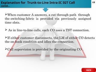 When customer A answers, a cut through path through
the switching fabric is provided via previously assigned
time slots.
 As in line-to-line calls, each CO uses a TST connection.
If either customer disconnects, the LM of either CO detects
the on-hook condition and idles the connection.
Call supervision is provided by the originating CO .
Explanation for Trunk-to-Line Intra-IC IGT Call
contd…
BACK
44
 