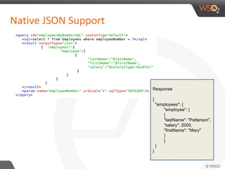 Response
{
"employees": {
"employee": [
{
"lastName": "Patterson",
"salary": 2000,
"firstName": "Mary"
}
]
}
}
 