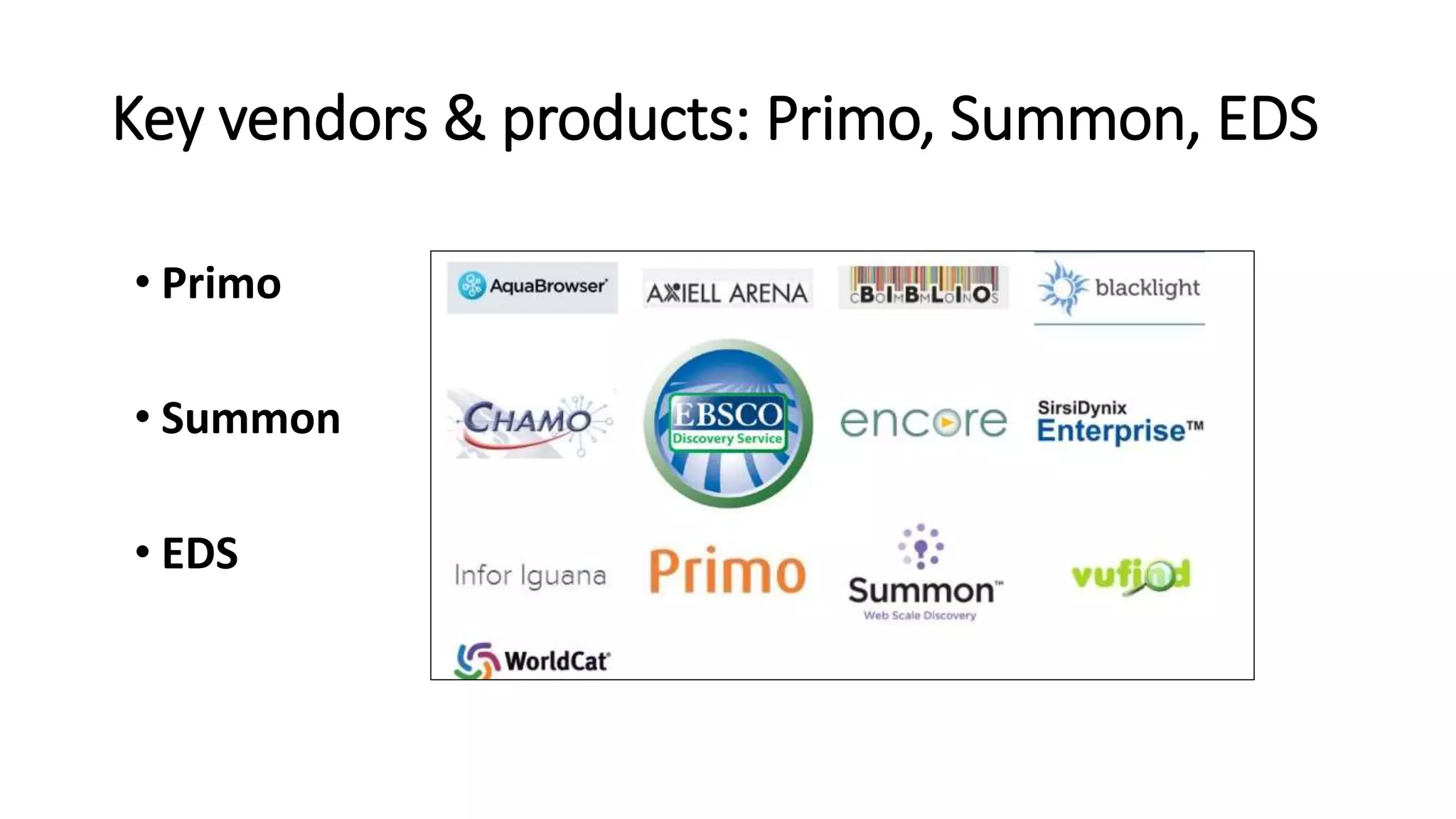 Key vendors & products: Primo, Summon, EDS
• Primo
• Summon
• EDS
 