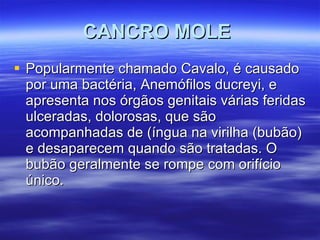 CANCRO MOLE   Popularmente chamado Cavalo, é causado por uma bactéria, Anemófilos ducreyi, e apresenta nos órgãos genitais várias feridas ulceradas, dolorosas, que são acompanhadas de (íngua na virilha (bubão) e desaparecem quando são tratadas. O bubão geralmente se rompe com orifício único. 