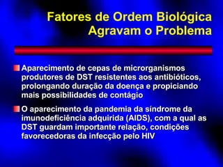 Fatores de Ordem Biológica Agravam o Problema Aparecimento de cepas de microrganismos produtores de DST resistentes aos antibióticos, prolongando duração da doença e propiciando mais possibilidades de contágio O aparecimento da pandemia da síndrome da imunodeficiência adquirida (AIDS), com a qual as DST guardam importante relação, condições favorecedoras da infecção pelo HIV 