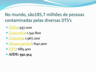 No mundo, são185,7 milhões de pessoas
contaminadas pelas diversas DTS’s
 Sífilis: 937.000
 Gonorréia: 1.541.800
 Clamídia: 1.967.200
 Herpes genital: 640.900
 HPV: 685.400
 AIDS: 592.914
 