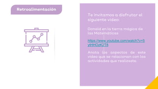 Retroalimentación
Te invitamos a disfrutar el
siguiente video:
Donald en la tierra mágica de
las Matemáticas
https://www.youtube.com/watch?v=5
ytHHOzK2T8
Anota los aspectos de este
video que se relacionan con las
actividades que realizaste.
 