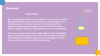Glosario
Homotecia
Es un cambio geométrico en el plano con base en un punto
fijo que se llama centro de homotecia, al multiplicar las
distancias por un factor, en esta transformación se
obtiene una imagen, de mayor o menor tamaño que la
figura original, es decir la transforma en una semejante.
Para que la homotecia se cumpla, deben estar alineados
punto con punto y recta con recta, de acuerdo al factor
de homotecia, la figura original con su imagen, y tener
como referencia el centro de homotecia.
Centro de
homotecia
 