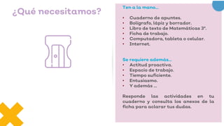 ¿Qué necesitamos?
Ten a la mano…
• Cuaderno de apuntes.
• Bolígrafo, lápiz y borrador.
• Libro de texto de Matemáticas 3º.
• Ficha de trabajo.
• Computadora, tableta o celular.
• Internet.
Se requiere además…
• Actitud proactiva.
• Espacio de trabajo.
• Tiempo suficiente.
• Entusiasmo.
• Y además …
Responde las actividades en tu
cuaderno y consulta los anexos de la
ficha para aclarar tus dudas.
 